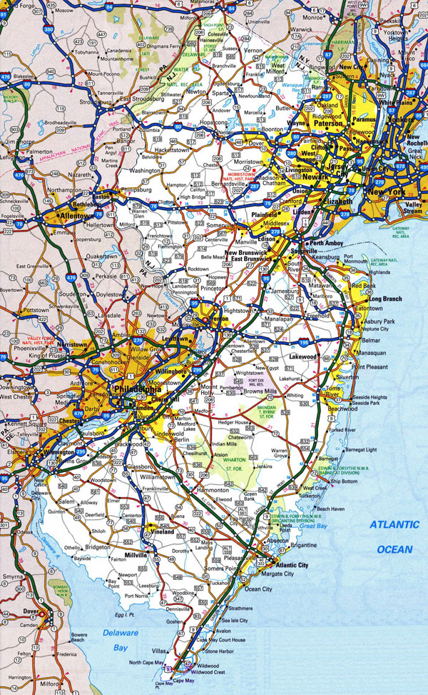 Large detailed roads and highways map of New Jersey state with national parks and all cities.