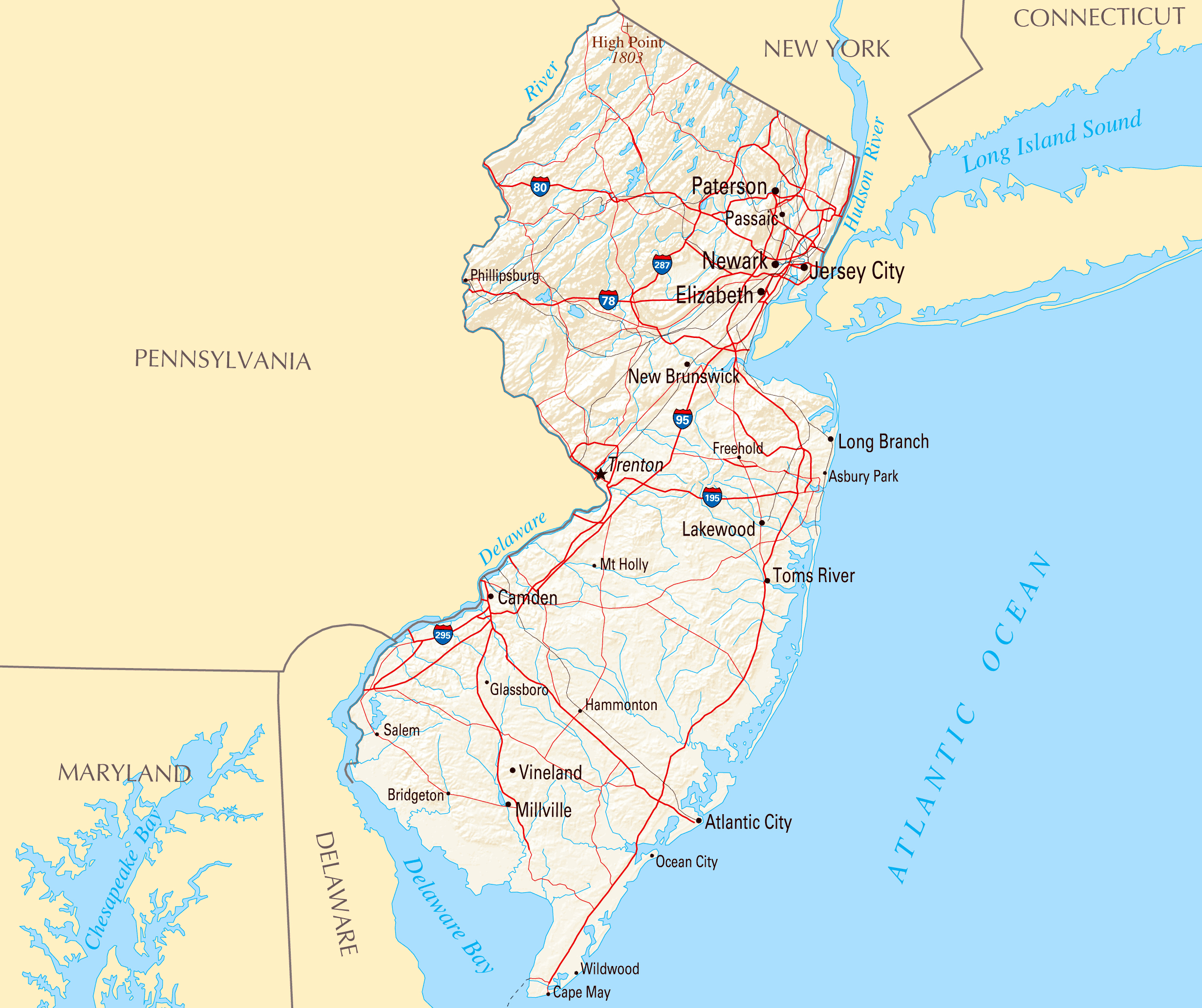 Large map of New Jersey state with highways and major cities Vidiani