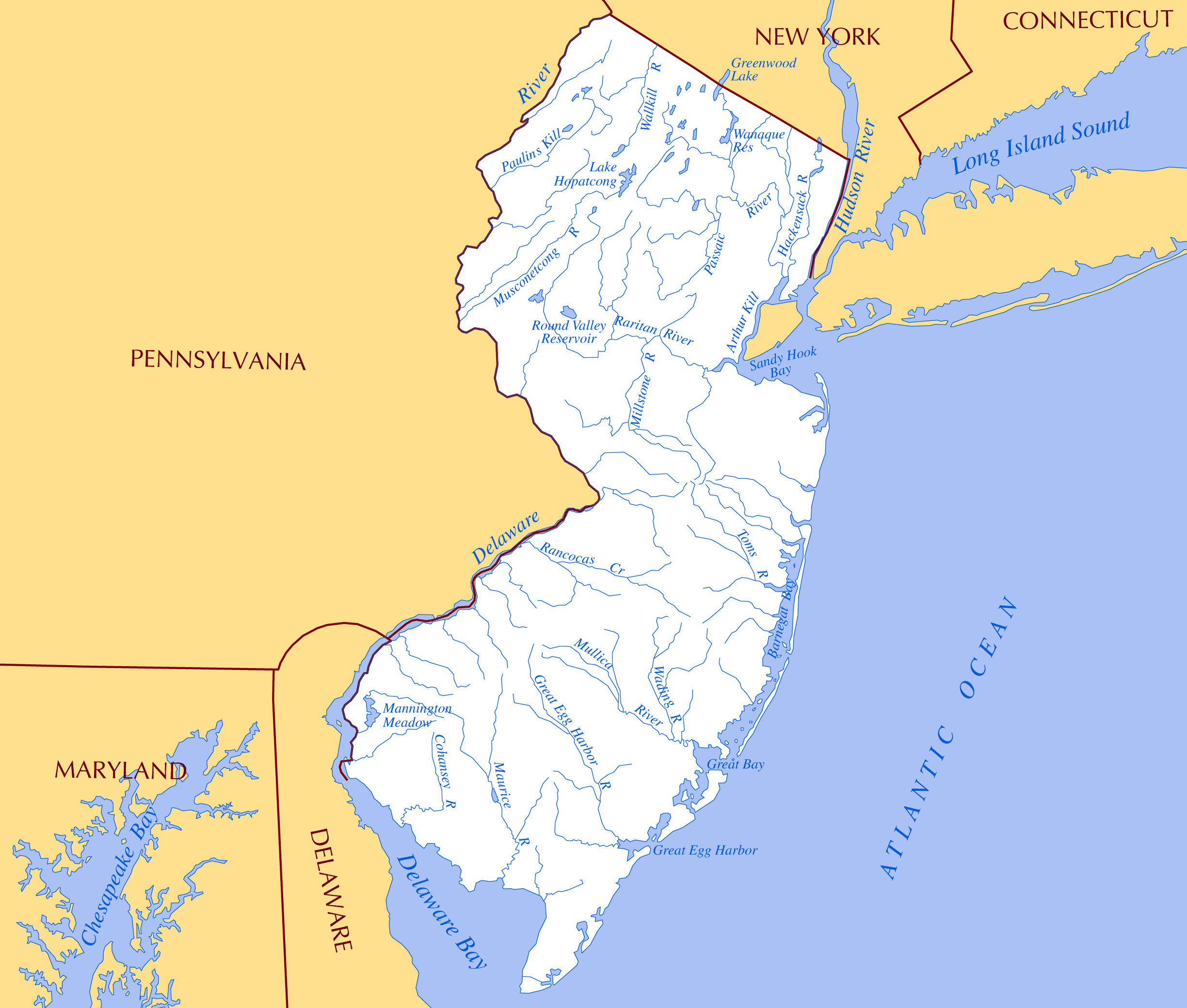 Large rivers and lakes map of New Jersey state | Vidiani.com | Maps of
