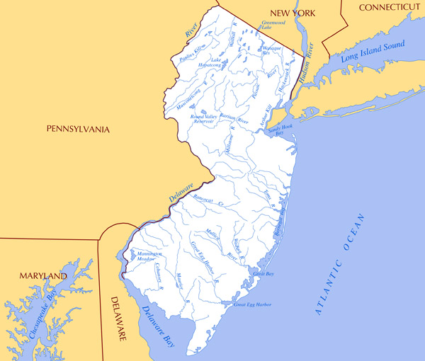 Large rivers and lakes map of New Jersey state.