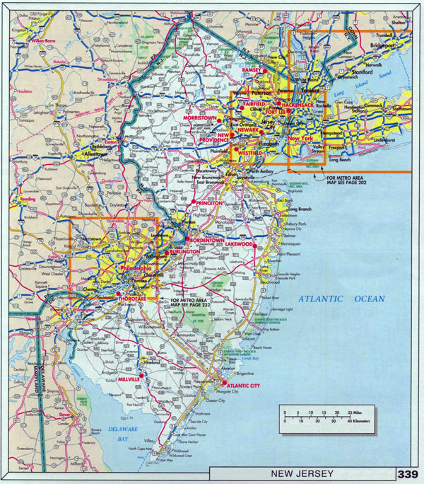 Large roads and highways map of New Jersey state with cities.