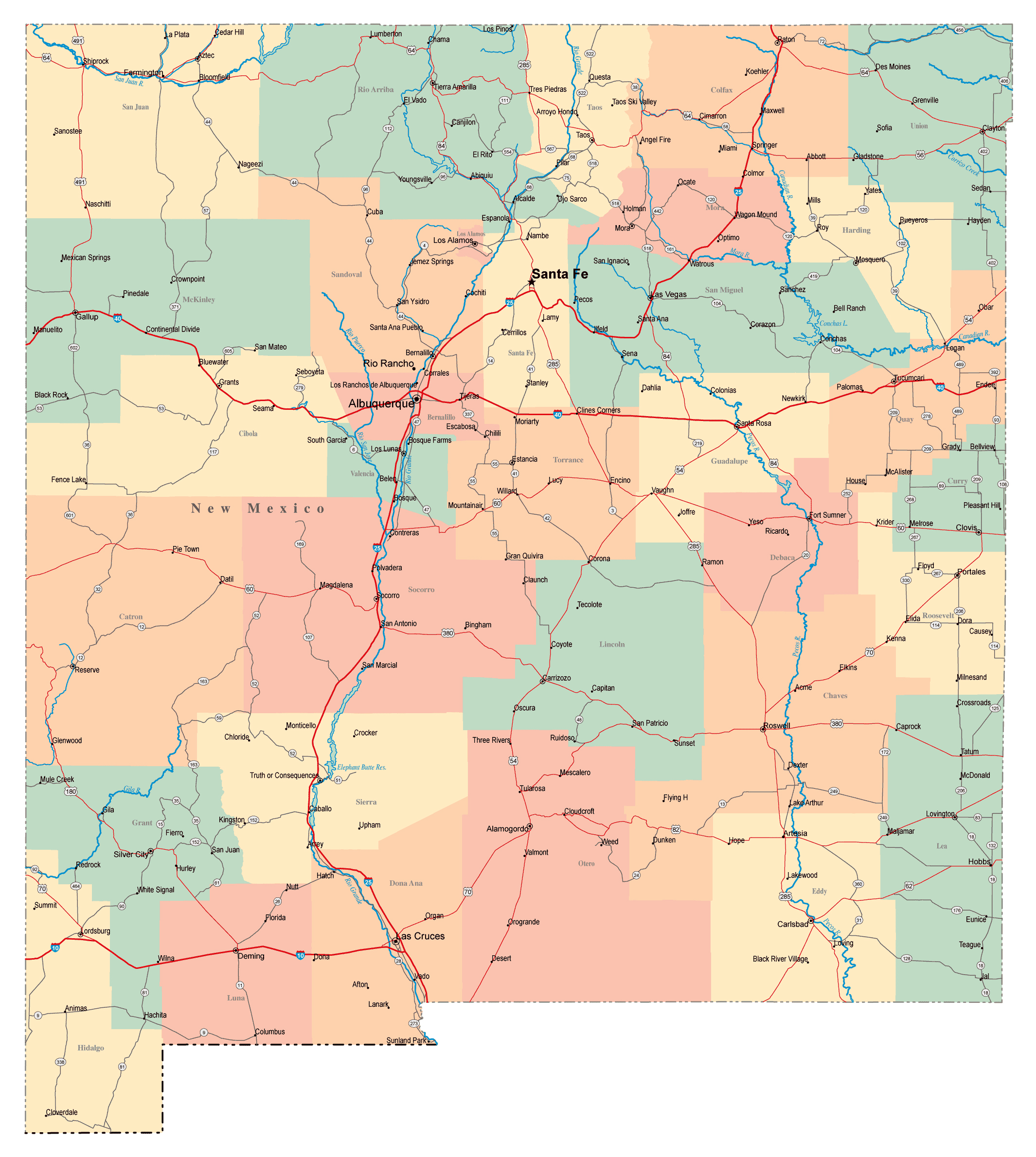 Large administrative map of New Mexico state with roads, highways and ...