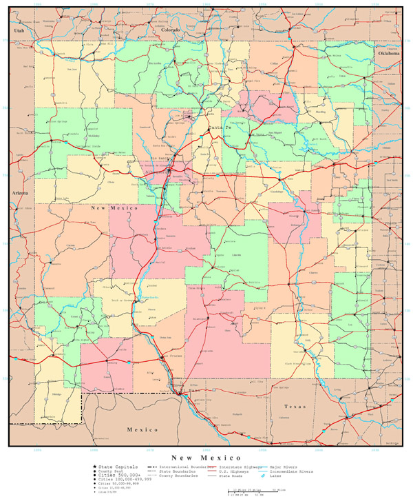 Large detailed administrative map of New Mexico state with roads, highways and all cities.