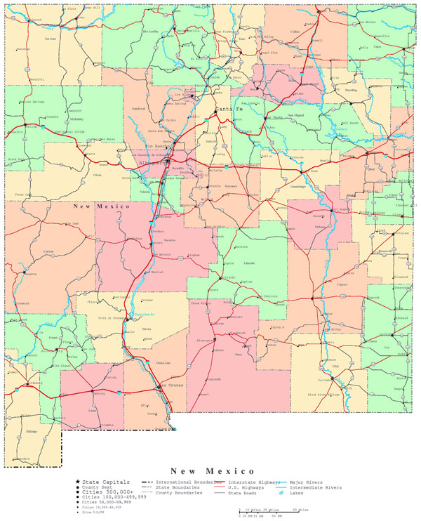 Large detailed administrative map of New Mexico state with roads, highways and cities.