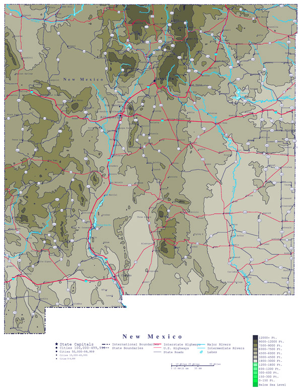 Large detailed elevation map of New Mexico state.