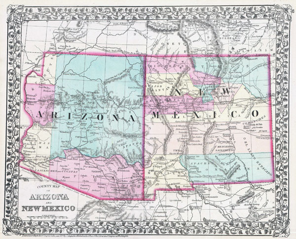 Large detailed old map of Arizona and New Mexico states - 1877.