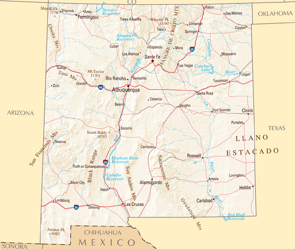 Large map of New Mexico state with relief, highways and major cities.