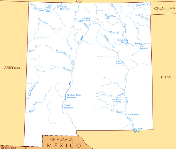 Large rivers and lakes map of New Mexico state.