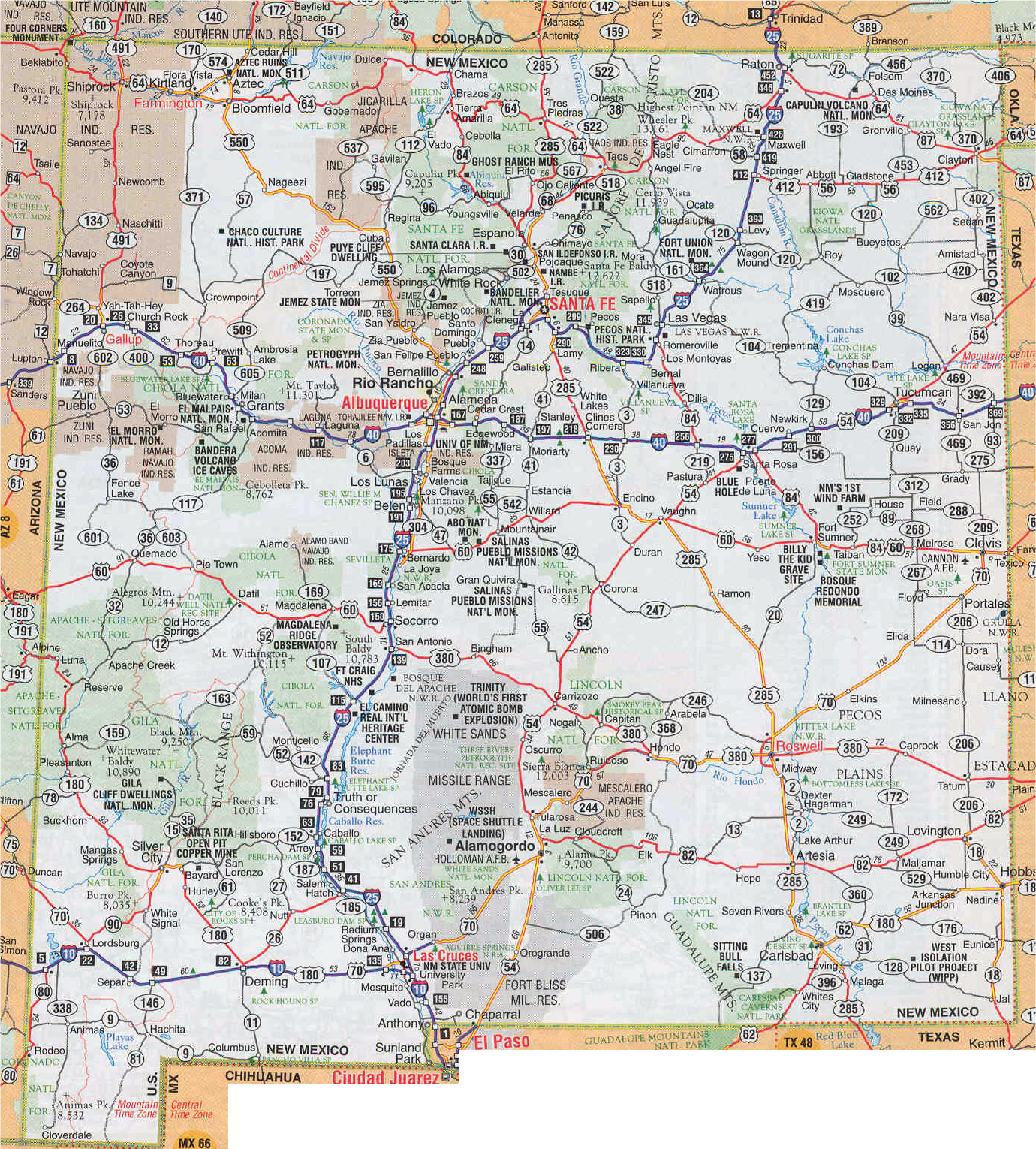 Large roads and highways map of New Mexico state with cities | Vidiani ...