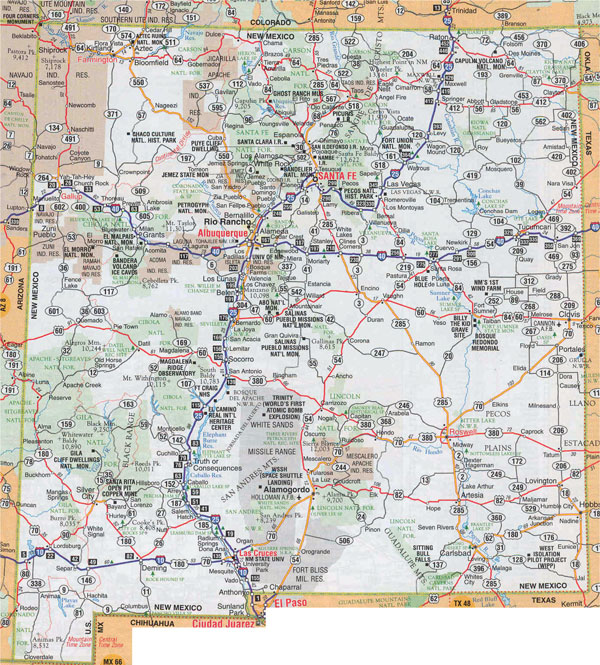 Large roads and highways map of New Mexico state with cities.