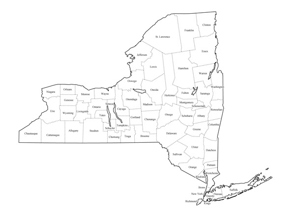 Detailed administrative map of New York state.