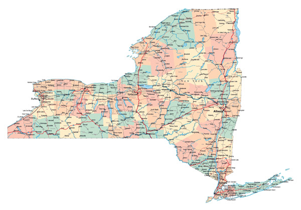 Large administrative map of New York state with roads, highways and major cities.