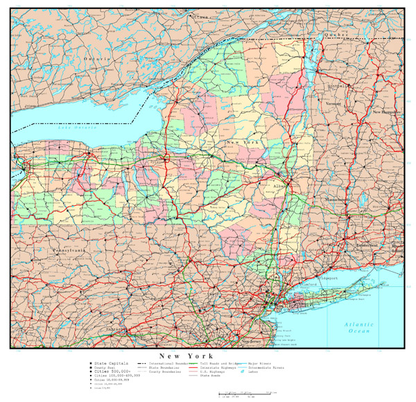 Large detailed administrative map of New York state with highways, roads and major cities.