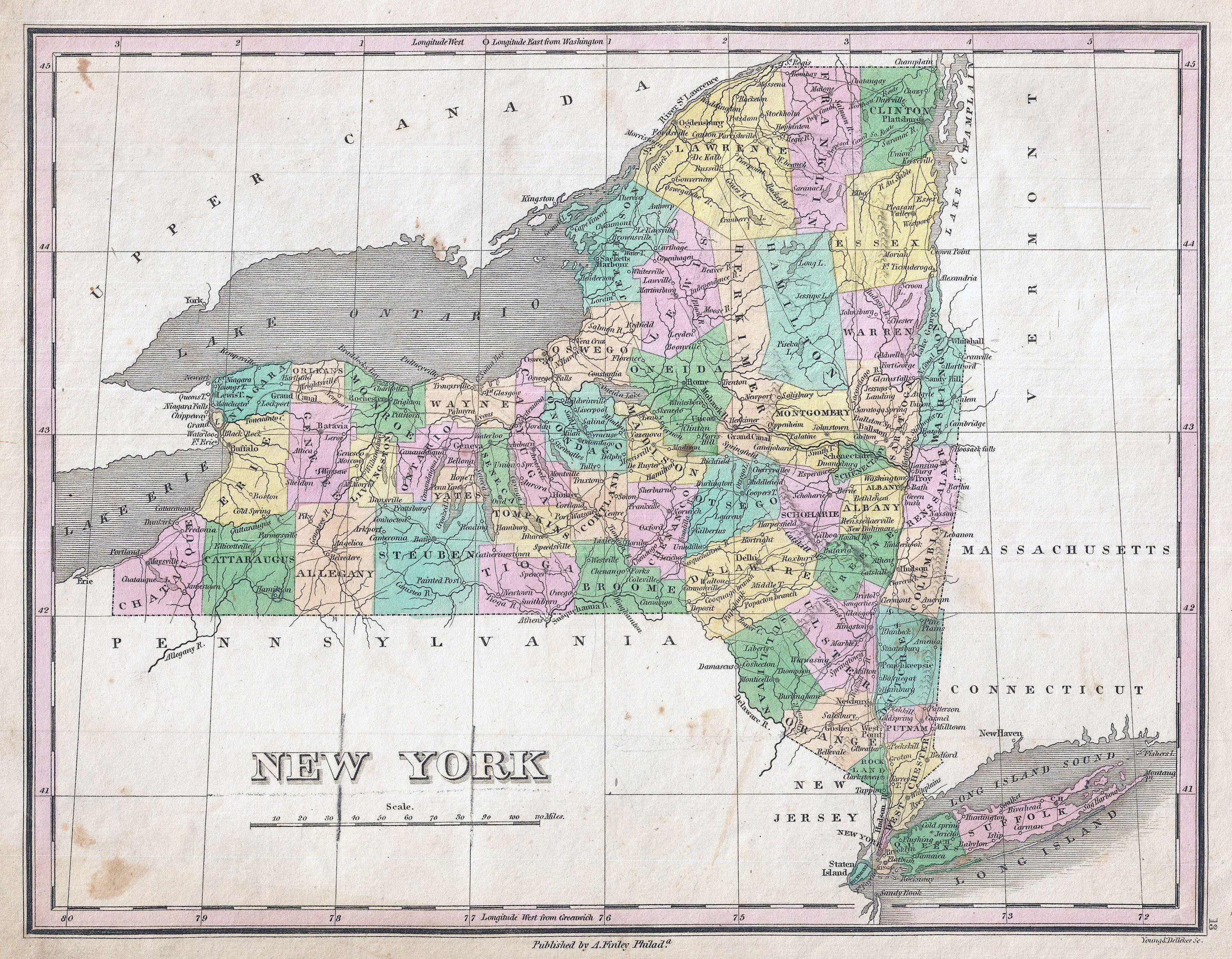 Large Detailed Old Administrative Map Of New York State 1827