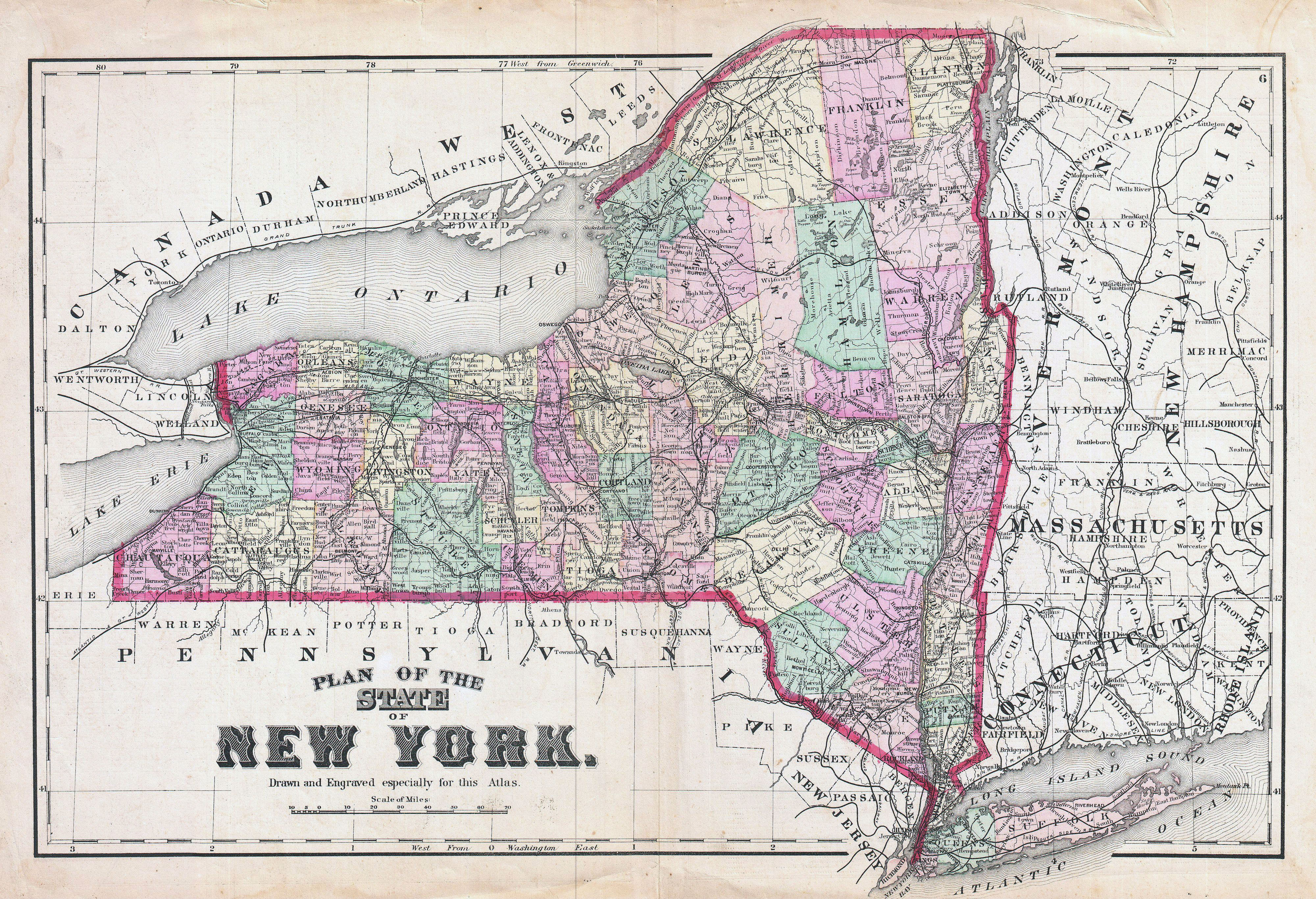 Large Detailed Old Administrative Map Of New York State 1873