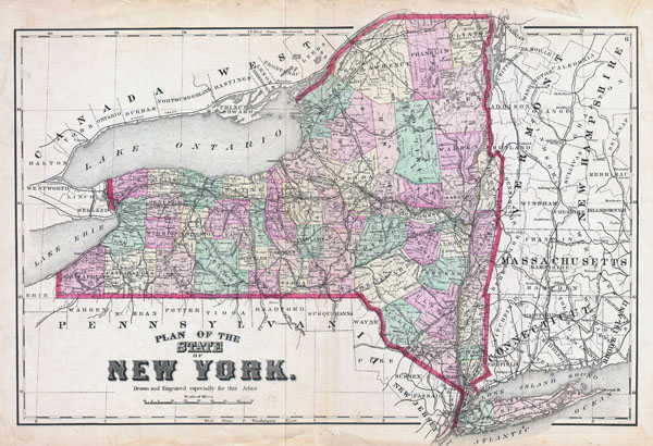 Large detailed old administrative map of New York state - 1873.
