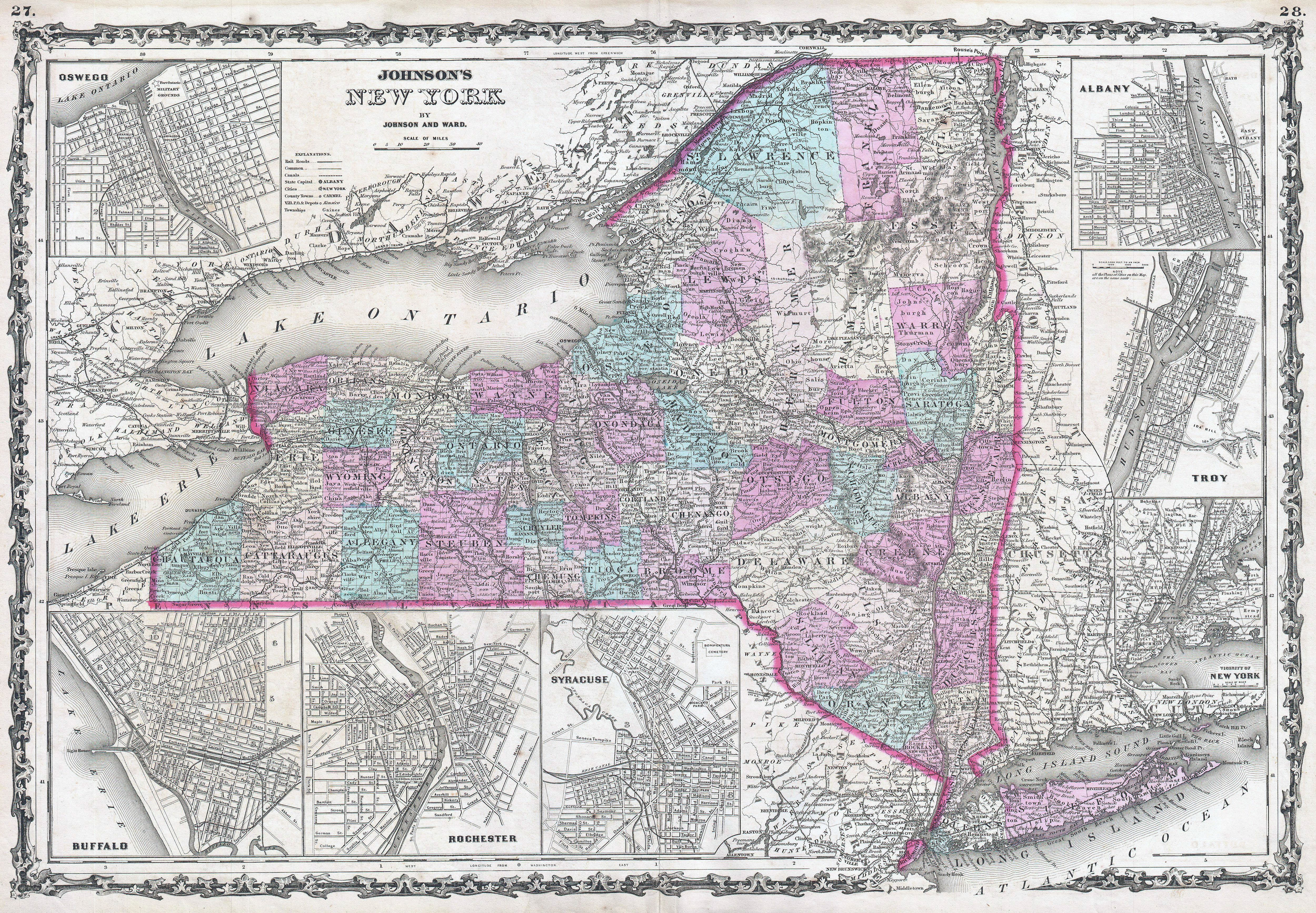 Large Detailed Old Administrative Map Of New York State With Towns