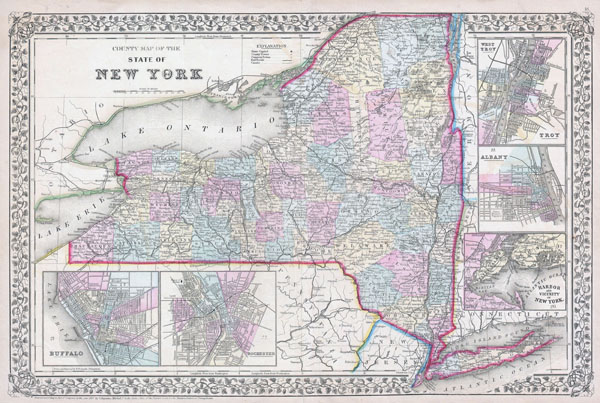 Large detailed old administrative map of New York state with towns, cities and railroads - 1867.