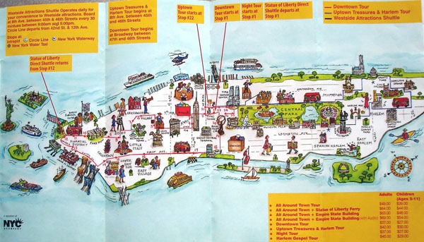 Manhattan NYC travel illustrated map.