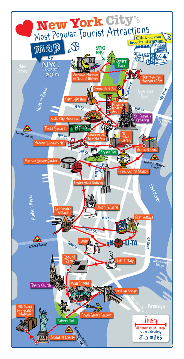 Detailed map of most popular tourist attractions of Manhattan, NYC.