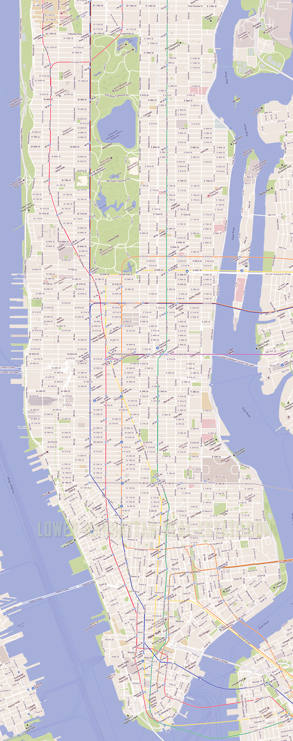 Detailed road map of Manhattan NYC.