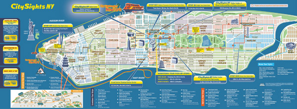 Large detailed city sights map of Manhattan, New York city.