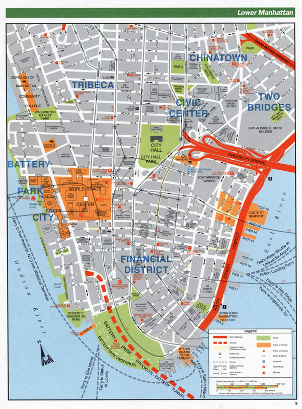 Large detailed road map of Lower Manhattan, NYC.