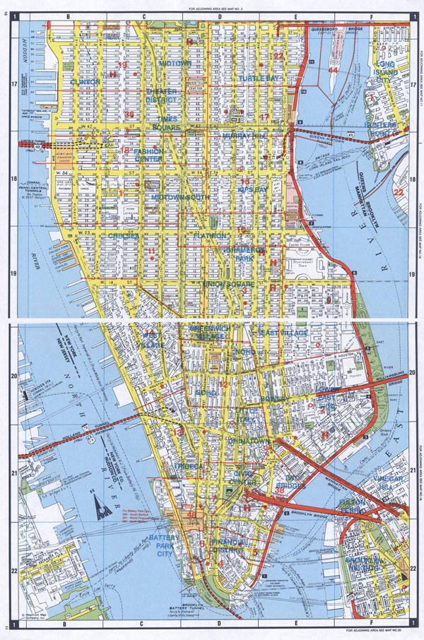 Large detailed road map of South Manhattan, NYC.