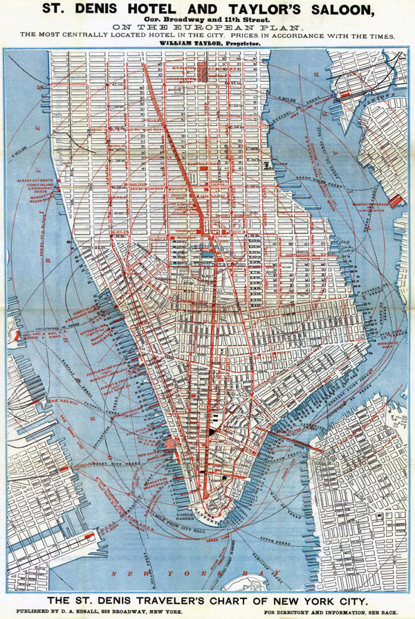 Large detailed st. Denis hotel and Taylor's saloon road map of lower Manhattan.