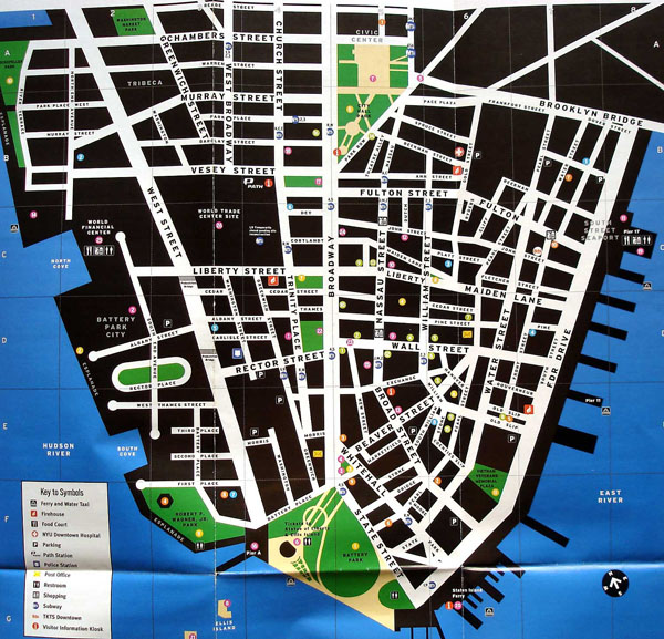 Large detailed tourist map of lower Manhattan.