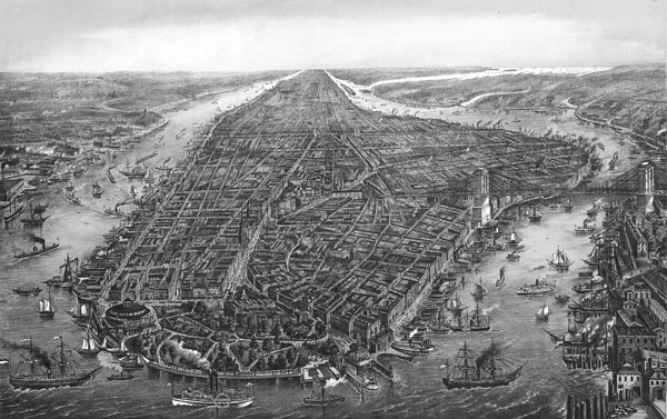 Large scale detailed old panoramic map of Manhattan, New York city - 1873.