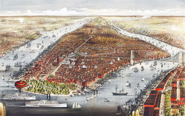 Large scale detailed old panoramic map of Manhattan, New York city - 1876.