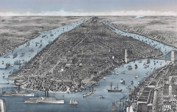 Large scale detailed old panoramic map of Manhattan, New York city - 1886.