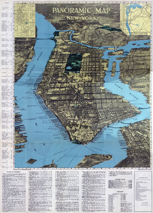 Large scale detailed panoramic map of Manhattam, New York city.