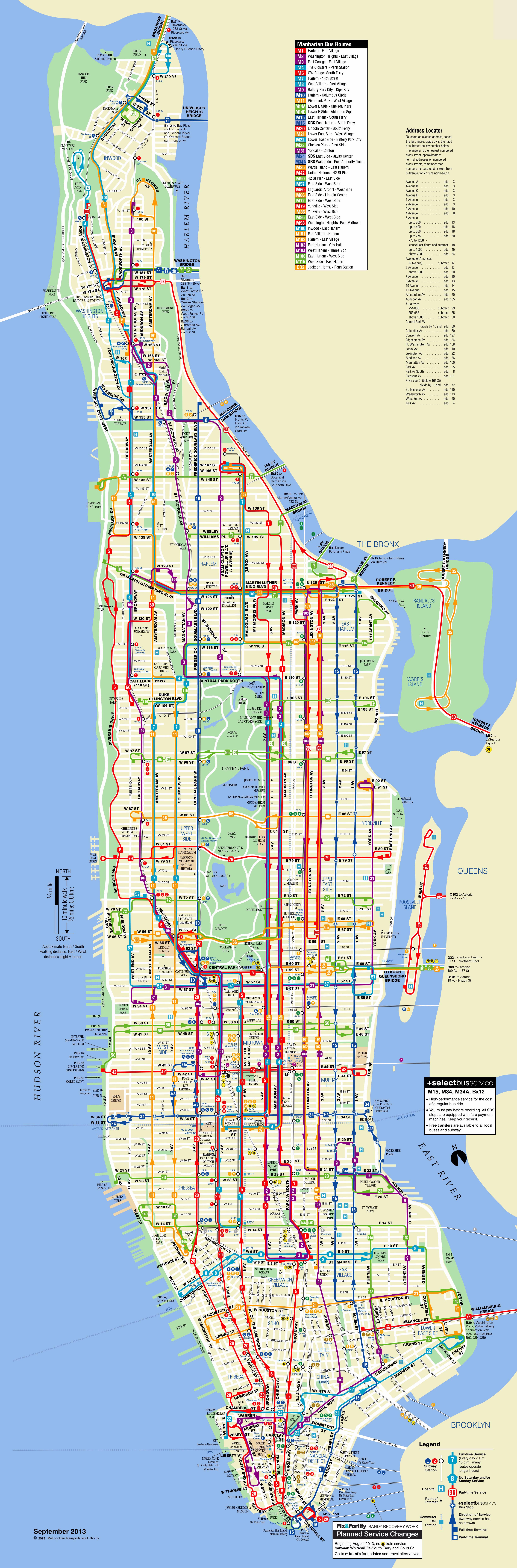 Large Scaled Detailed Bus Routes Map Of Manhattan Nyc Vidiani Com Maps Of All Countries In One Place