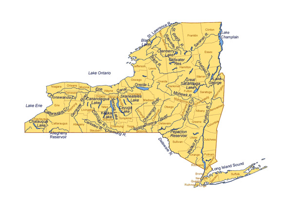 Rivers and lakes map of New York state.