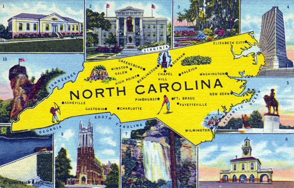 Detailed North Carolina postcard with map.