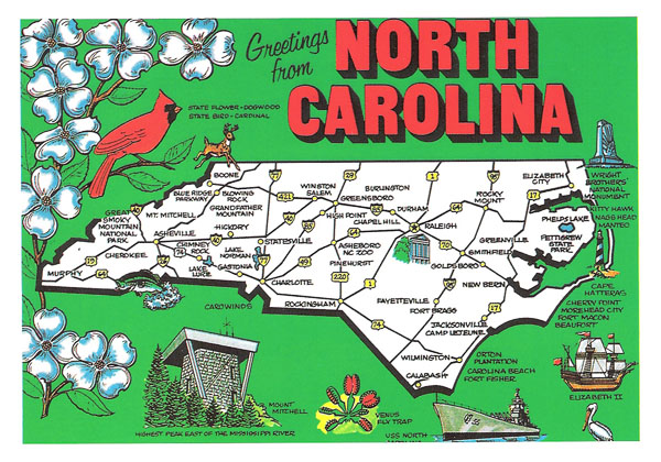 Detailed tourist illustrated map of North Carolina.