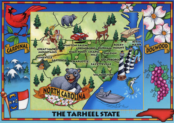 Detailed tourist illustrated map of North Carolina state.