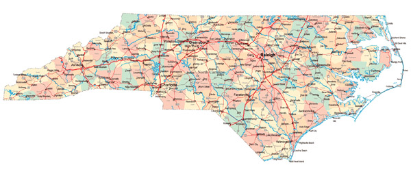 Large administrative map of North Carolina state with roads, highways and major cities.