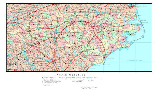 Large detailed administrative map of North Carolina state with highways, roads and all cities.