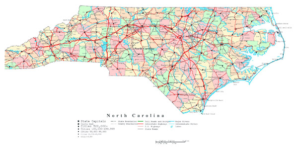 Large detailed administrative map of North Carolina state with highways, roads and cities.