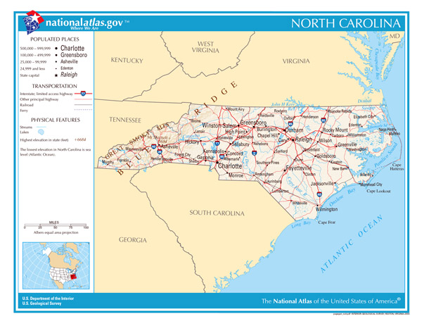 Large detailed map of North Carolina state.