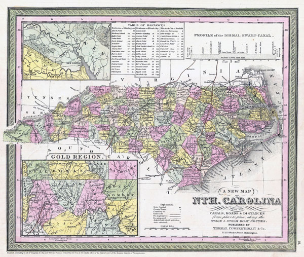 Large detailed old administrative map of North Carolina state - 1850.