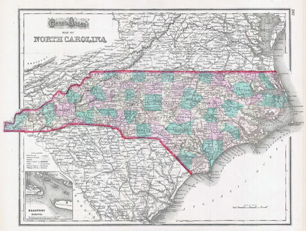 Large detailed old administrative map of North Carolina state - 1874.