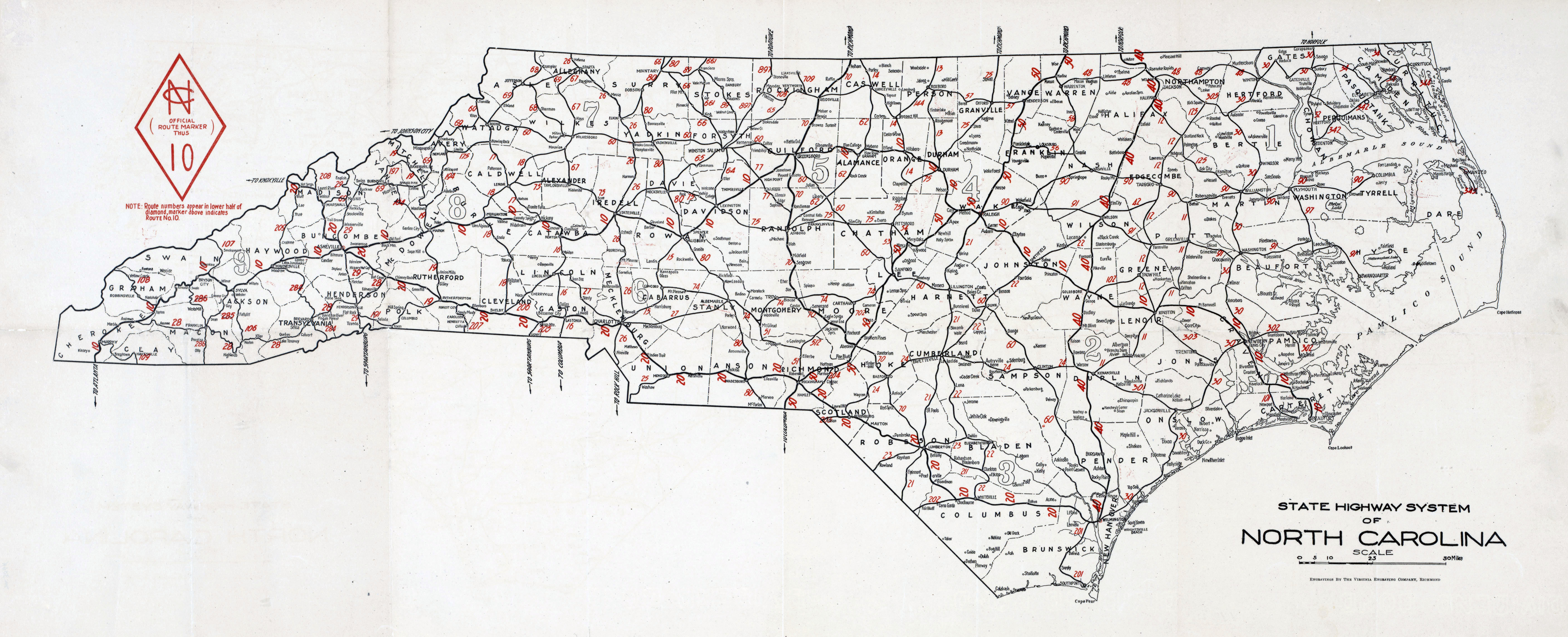 Large detailed old highways system map of North Carolina state – 1922