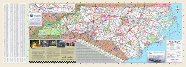 Large detailed transportation map of North Carolina state with all cities and other facilities.