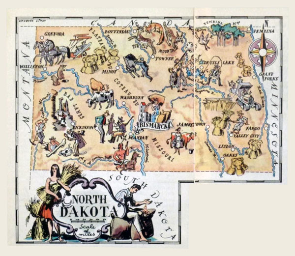 Detailed tourist illustrated map of North Dakota state.