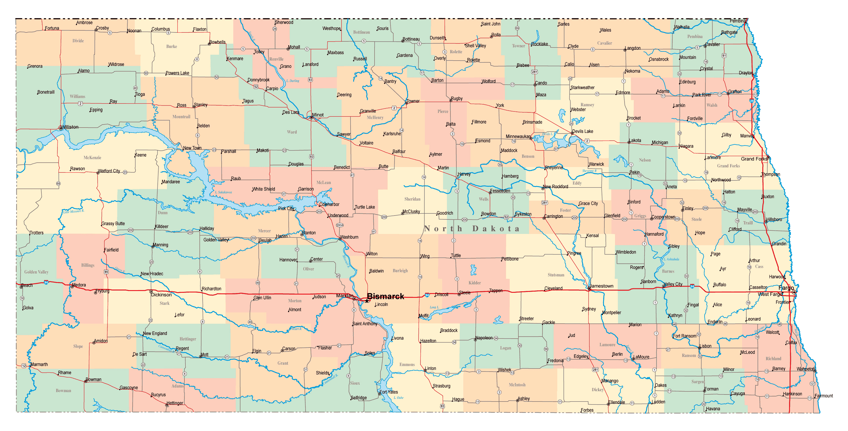 Large Administrative Map Of North Dakota State With Major Cities