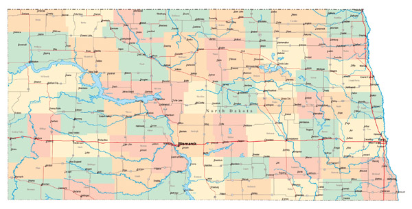 Large administrative map of North Dakota state with major cities and roads.